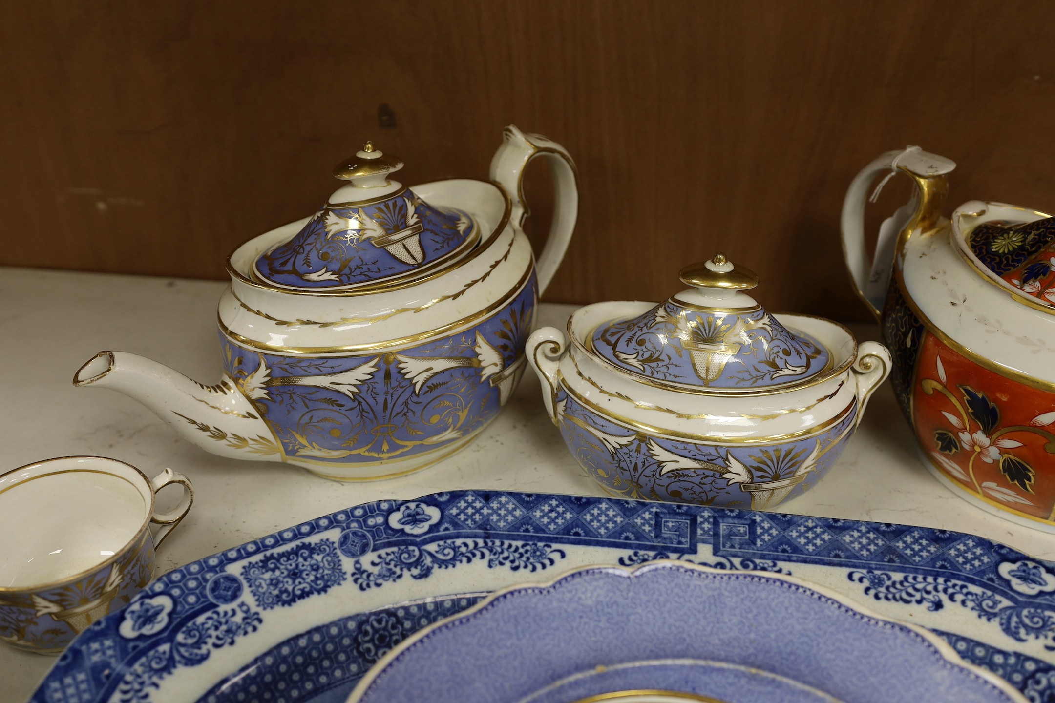 A quantity of late 18th and early 19th century English ceramics including a Spode teapot and a large Austro-Hungarian ceramic tile